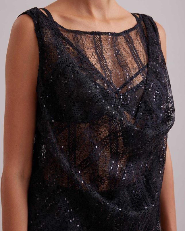 Anne Fontaine vrouwen emotie jurk mouwloze, doorschijnende lange jurk van kant met verticaal roosterdetail en tonale pailletten kleding zwart 06TRT104