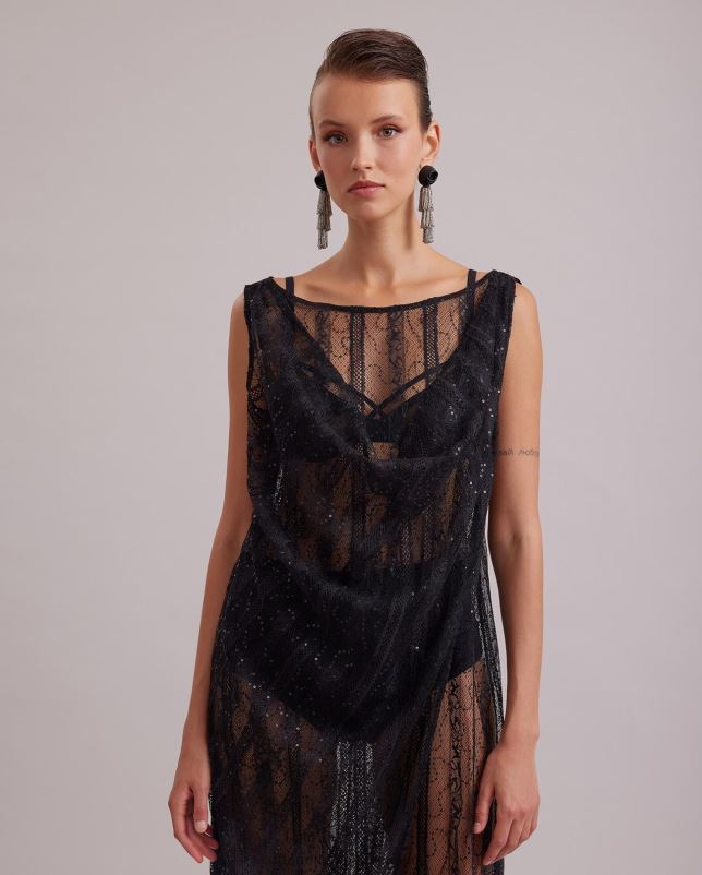 Anne Fontaine vrouwen emotie jurk mouwloze, doorschijnende lange jurk van kant met verticaal roosterdetail en tonale pailletten kleding zwart 06TRT104