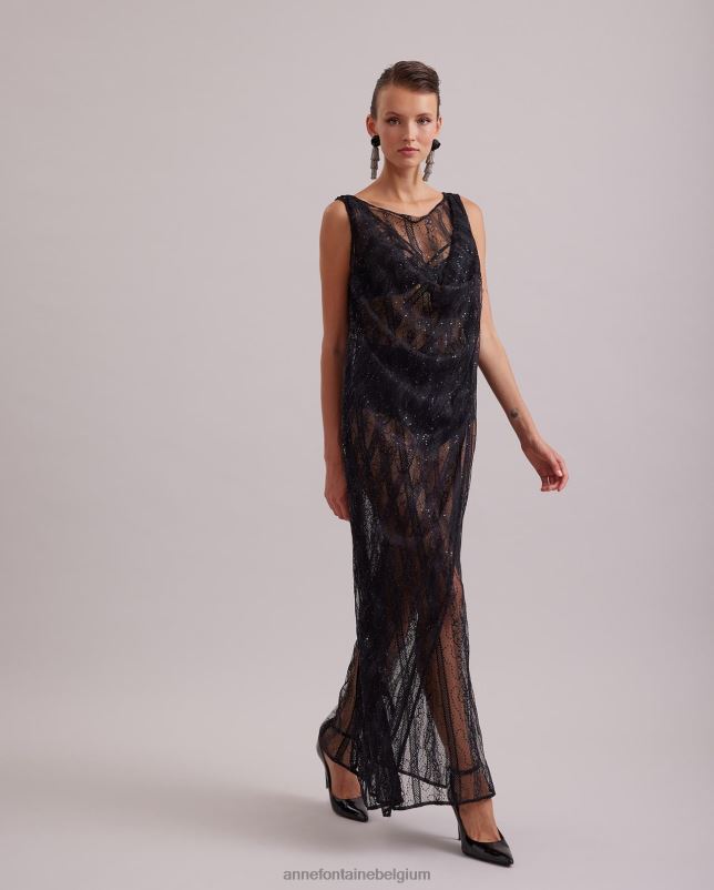Anne Fontaine vrouwen emotie jurk mouwloze, doorschijnende lange jurk van kant met verticaal roosterdetail en tonale pailletten kleding zwart 06TRT104