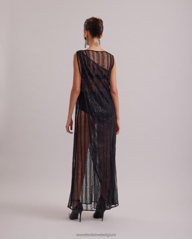 Anne Fontaine vrouwen emotie jurk mouwloze, doorschijnende lange jurk van kant met verticaal roosterdetail en tonale pailletten kleding zwart 06TRT104