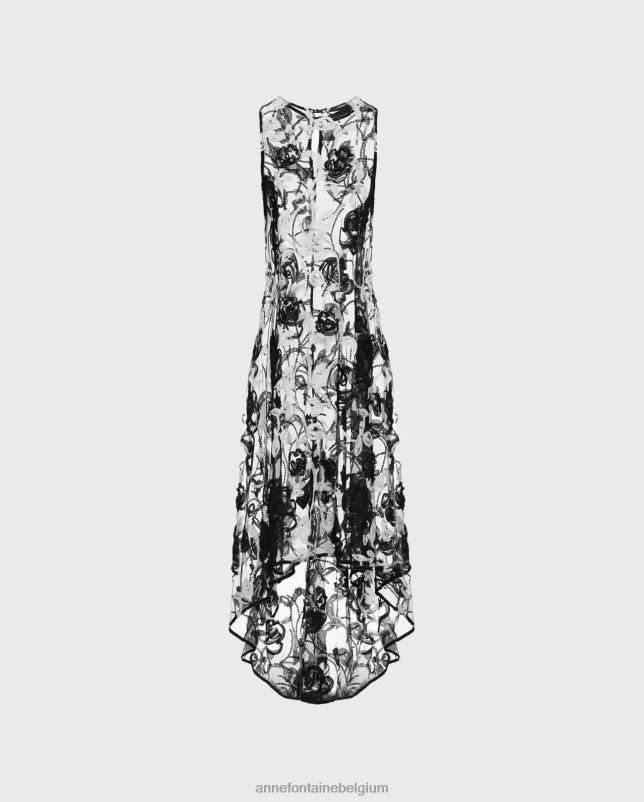 Anne Fontaine vrouwen mitiane jurk transparante mouwloze lange jurk met geborduurd bloemenmotief kleding zwart 06TRT87