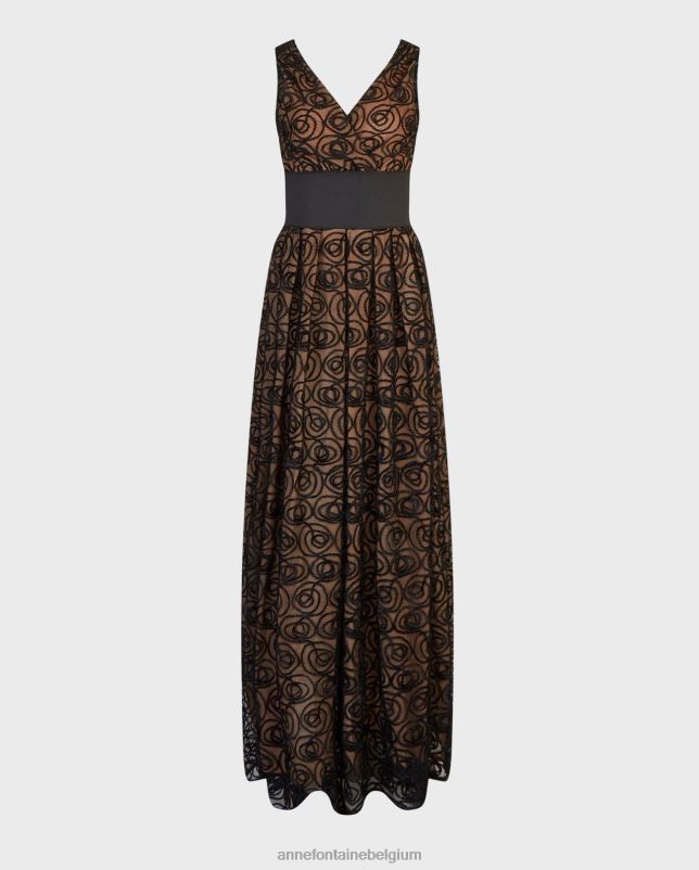 Anne Fontaine vrouwen muse jurk mouwloze doorschijnende jurk met net-overlay geborduurd met fluwelen rozen kleding zwart 06TRT103