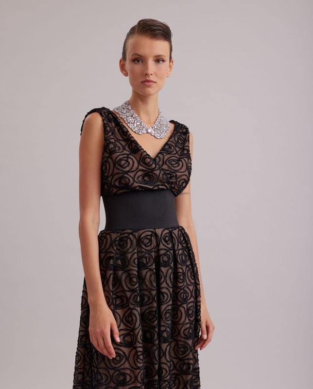 Anne Fontaine vrouwen muse jurk mouwloze doorschijnende jurk met net-overlay geborduurd met fluwelen rozen kleding zwart 06TRT103