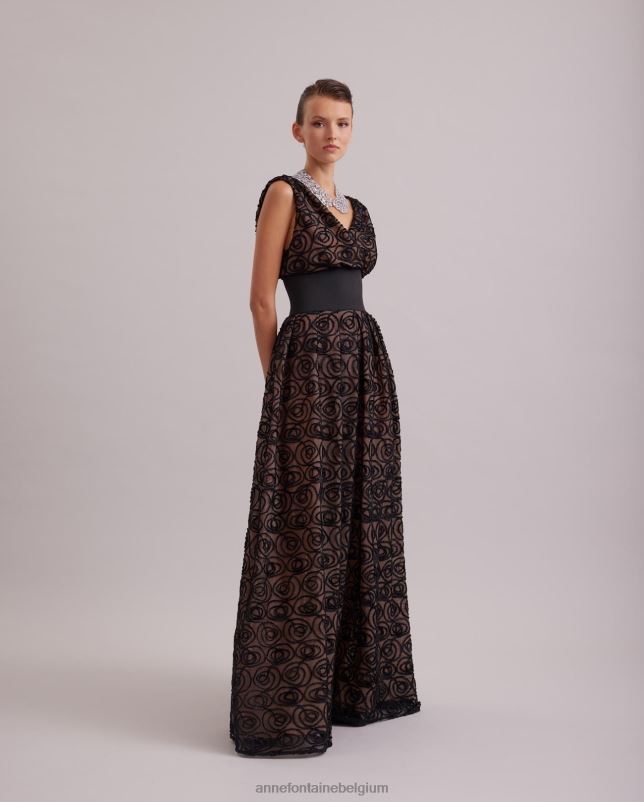 Anne Fontaine vrouwen muse jurk mouwloze doorschijnende jurk met net-overlay geborduurd met fluwelen rozen kleding zwart 06TRT103