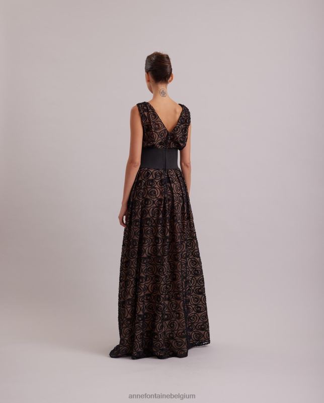 Anne Fontaine vrouwen muse jurk mouwloze doorschijnende jurk met net-overlay geborduurd met fluwelen rozen kleding zwart 06TRT103