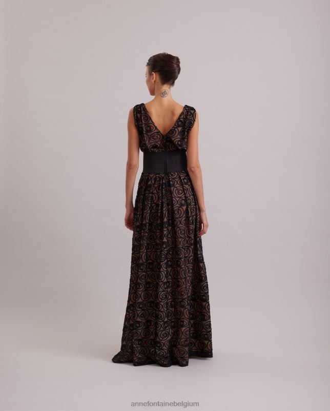 Anne Fontaine vrouwen muse jurk mouwloze doorschijnende jurk met net-overlay geborduurd met fluwelen rozen kleding zwart 06TRT103