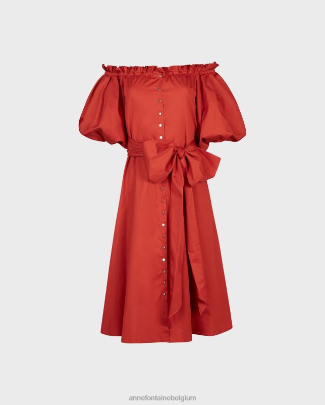 Anne Fontaine vrouwen nayara jurk terracotta off-shoulderjurk met 3/4 mouwen en gestrikte taille kleding rood 06TRT85