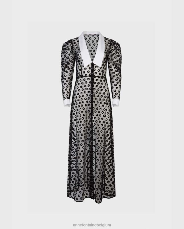 Anne Fontaine vrouwen scenariojurk transparante netjurk geborduurd met fluwelen cirkels kleding zwart 06TRT100