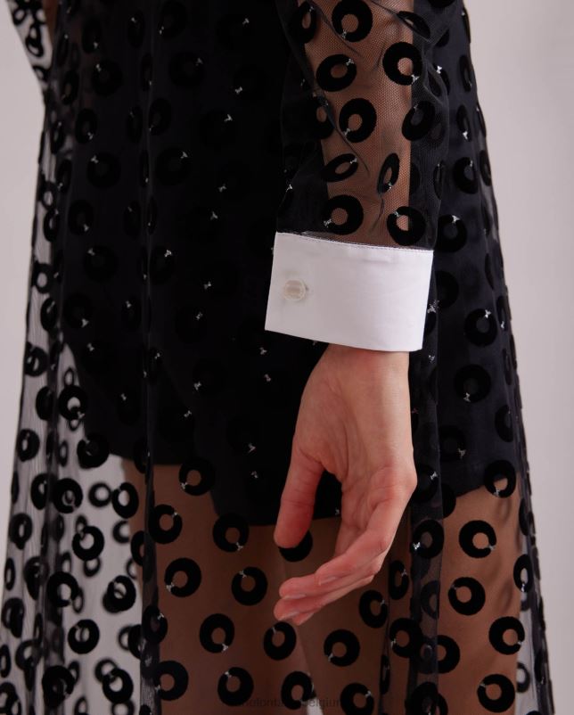 Anne Fontaine vrouwen scenariojurk transparante netjurk geborduurd met fluwelen cirkels kleding zwart 06TRT100