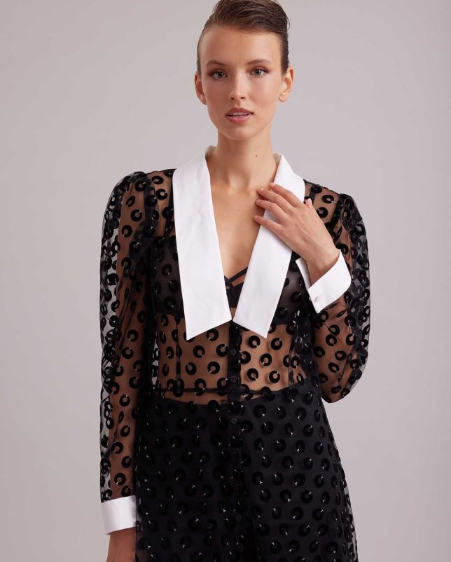 Anne Fontaine vrouwen scenariojurk transparante netjurk geborduurd met fluwelen cirkels kleding zwart 06TRT100