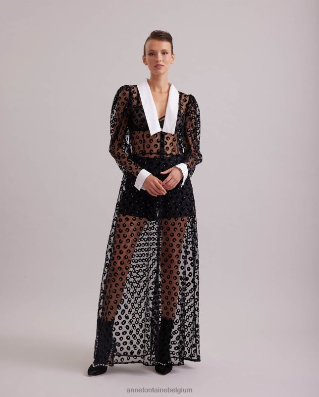 Anne Fontaine vrouwen scenariojurk transparante netjurk geborduurd met fluwelen cirkels kleding zwart 06TRT100