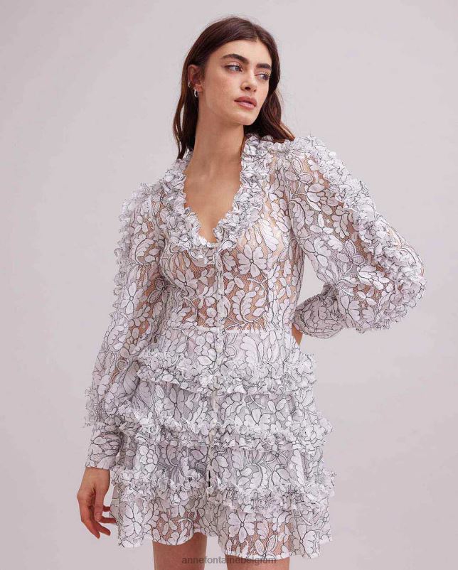 Anne Fontaine vrouwen senequier dress kanten jurk met contrasterende bies en ruches kleding zwart wit 06TRT115