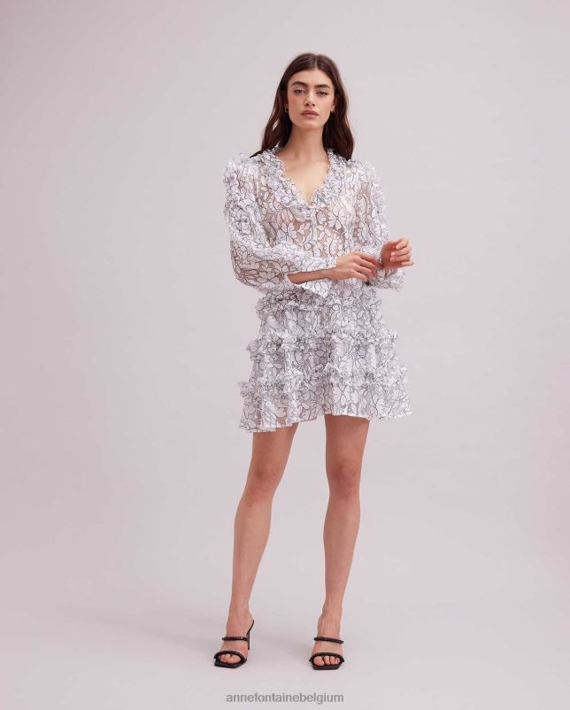 Anne Fontaine vrouwen senequier dress kanten jurk met contrasterende bies en ruches kleding zwart wit 06TRT115