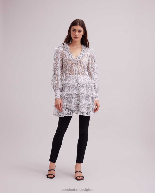 Anne Fontaine vrouwen senequier dress kanten jurk met contrasterende bies en ruches kleding zwart wit 06TRT115