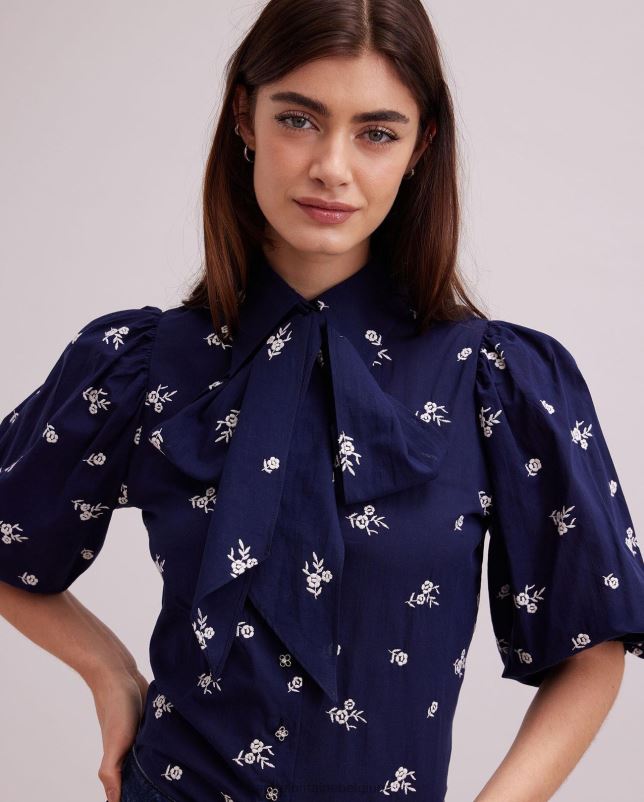 Anne Fontaine vrouwen Argile overhemd met elleboogmouwen en allover bloemenborduurwerk kleding marine/wit 06TRT169