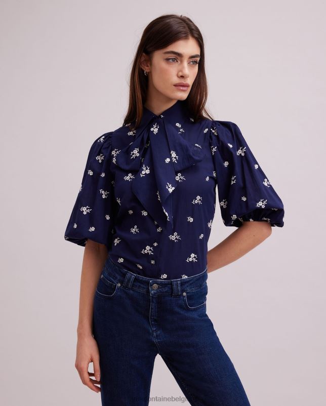 Anne Fontaine vrouwen Argile overhemd met elleboogmouwen en allover bloemenborduurwerk kleding marine/wit 06TRT169