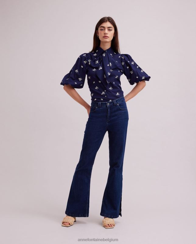 Anne Fontaine vrouwen Argile overhemd met elleboogmouwen en allover bloemenborduurwerk kleding marine/wit 06TRT169