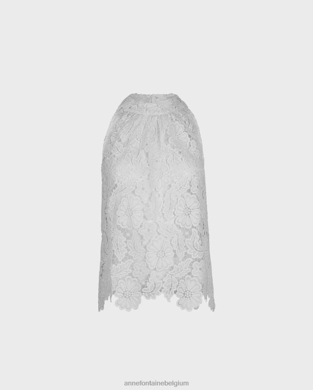 Anne Fontaine vrouwen Diepdruk top mouwloze geborduurde kanten blouse met hoge halslijn kleding wit 06TRT162