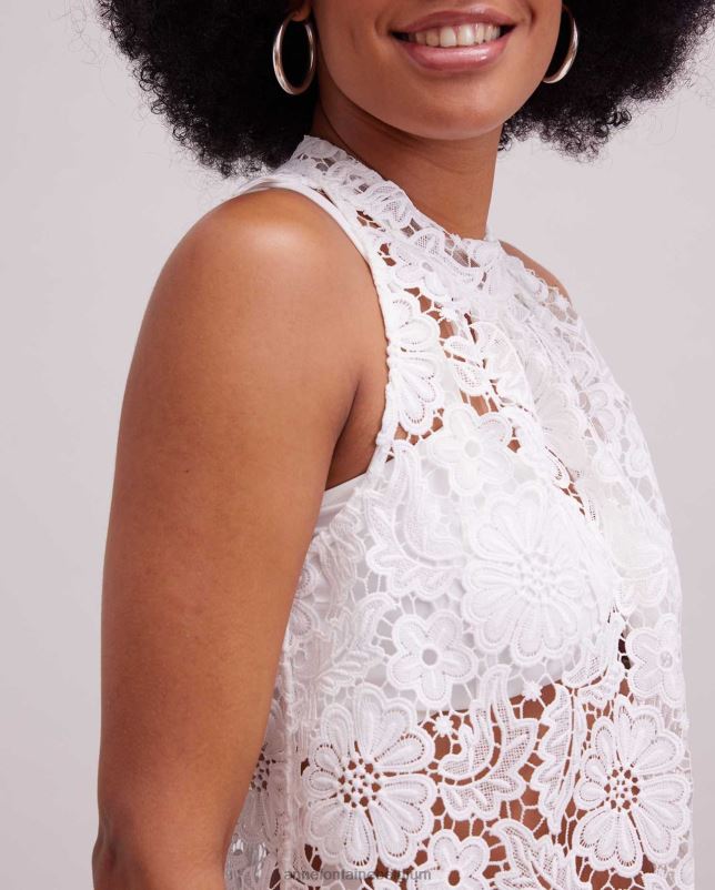Anne Fontaine vrouwen Diepdruk top mouwloze geborduurde kanten blouse met hoge halslijn kleding wit 06TRT162