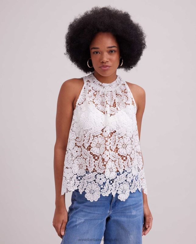 Anne Fontaine vrouwen Diepdruk top mouwloze geborduurde kanten blouse met hoge halslijn kleding wit 06TRT162
