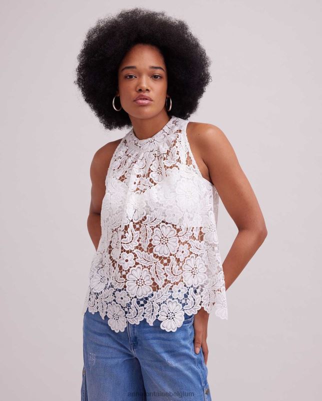 Anne Fontaine vrouwen Diepdruk top mouwloze geborduurde kanten blouse met hoge halslijn kleding wit 06TRT162