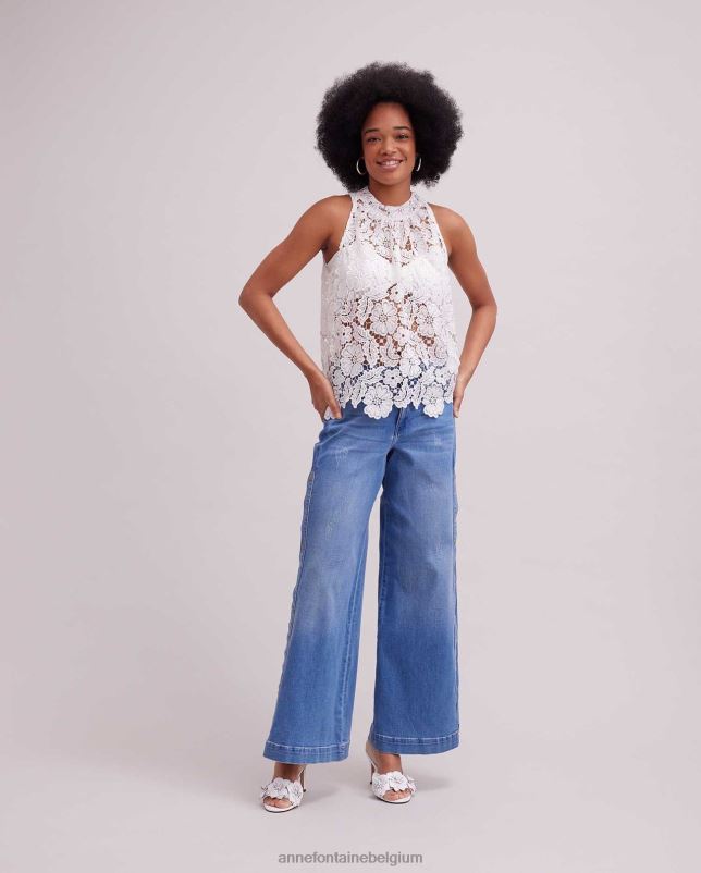 Anne Fontaine vrouwen Diepdruk top mouwloze geborduurde kanten blouse met hoge halslijn kleding wit 06TRT162