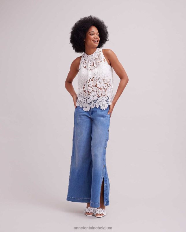 Anne Fontaine vrouwen Diepdruk top mouwloze geborduurde kanten blouse met hoge halslijn kleding wit 06TRT162