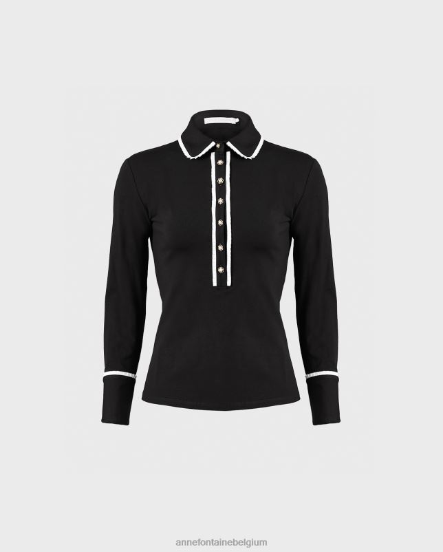 Anne Fontaine vrouwen Faustine overhemd, overhemd met lange mouwen, ruches en parelknopen kleding zwart wit 06TRT223