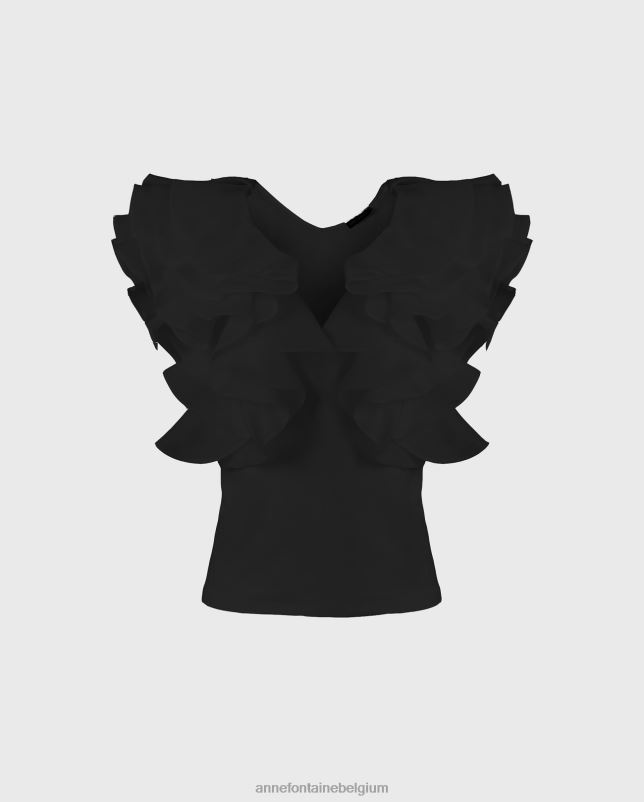 Anne Fontaine vrouwen Natalena blouse van pima jersey met volantmouwen van organza kleding zwart 06TRT171