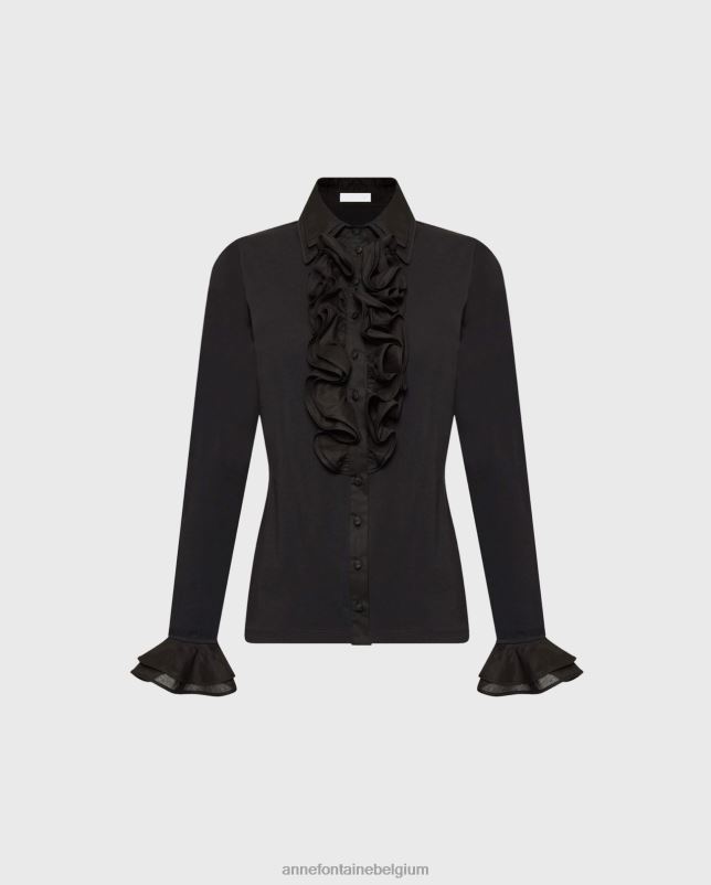 Anne Fontaine vrouwen Patsy overhemd met dubbele kraag en pima jersey overhemd met ruches kleding zwart 06TRT143