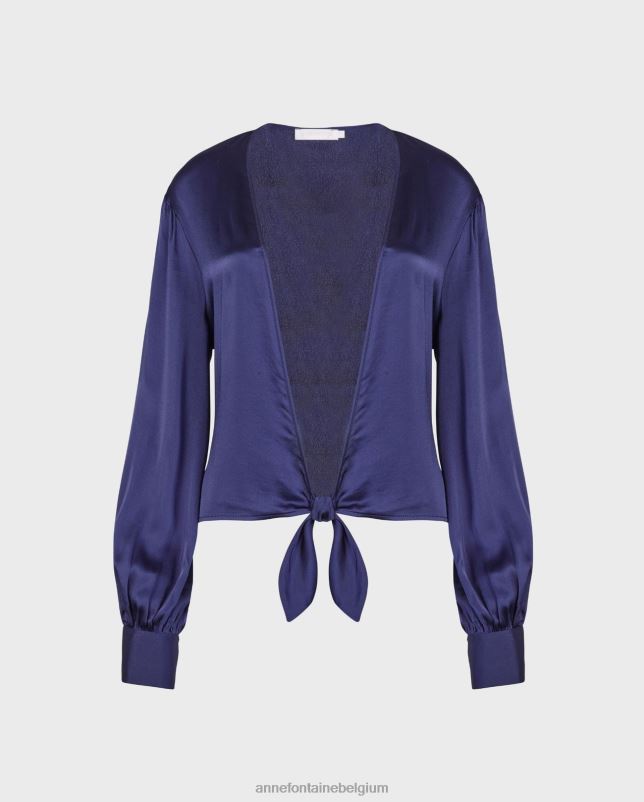 Anne Fontaine vrouwen Rosace blouse, satijnen blouse met lange mouwen en gestrikte zoom kleding blauw 06TRT155