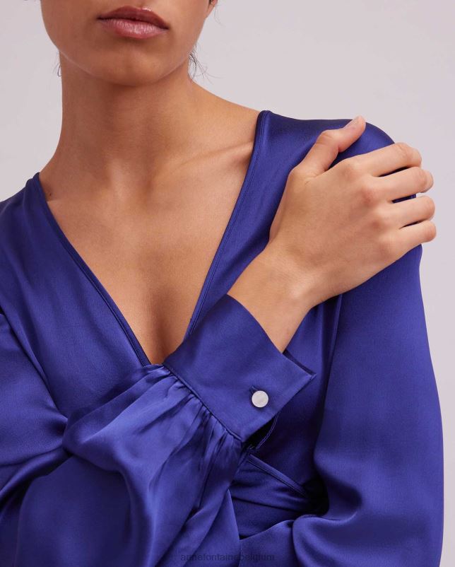 Anne Fontaine vrouwen Rosace blouse, satijnen blouse met lange mouwen en gestrikte zoom kleding blauw 06TRT155