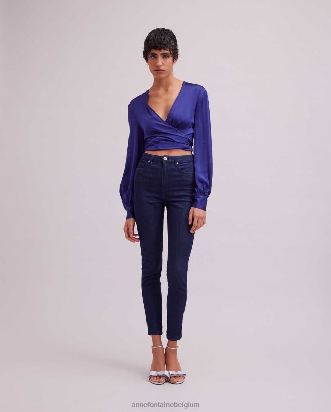 Anne Fontaine vrouwen Rosace blouse, satijnen blouse met lange mouwen en gestrikte zoom kleding blauw 06TRT155