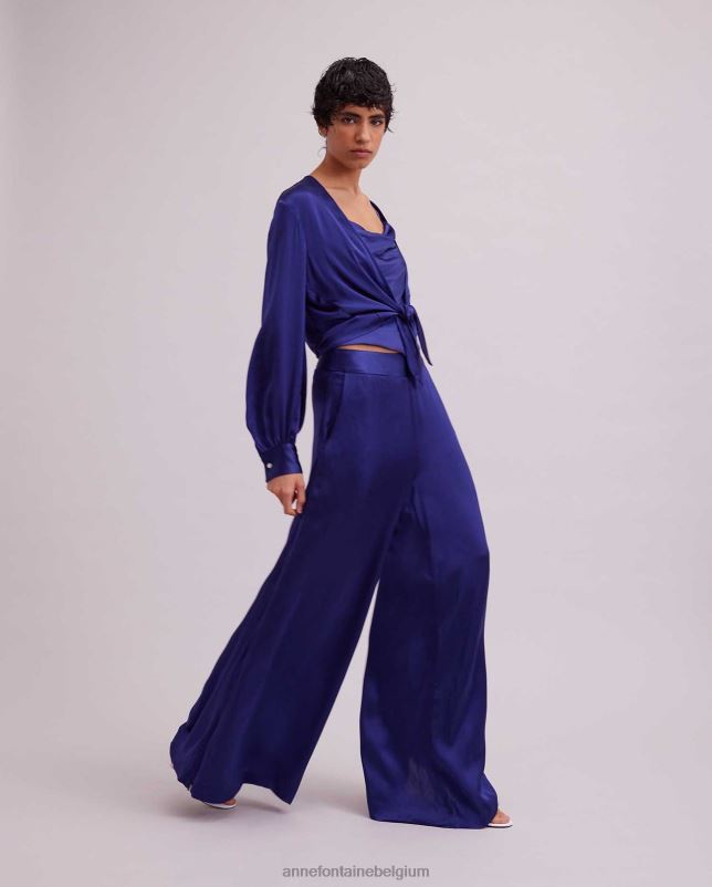 Anne Fontaine vrouwen Rosace blouse, satijnen blouse met lange mouwen en gestrikte zoom kleding blauw 06TRT155