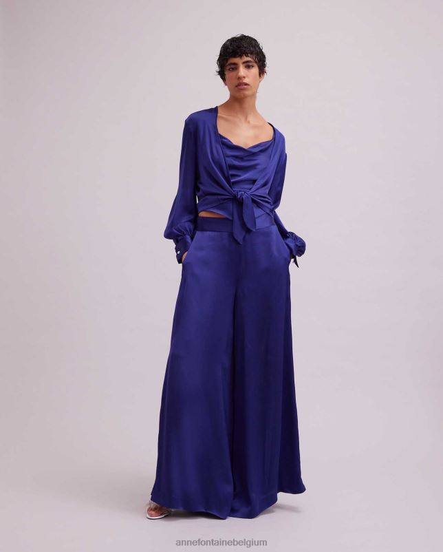 Anne Fontaine vrouwen Rosace blouse, satijnen blouse met lange mouwen en gestrikte zoom kleding blauw 06TRT155