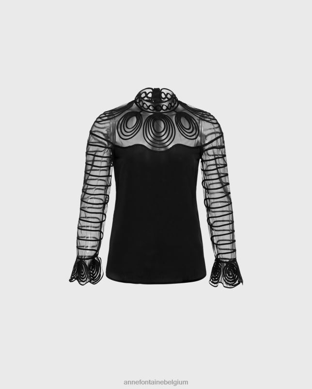 Anne Fontaine vrouwen Shaeline blouse, zijden blouse met lange mouwen en ruches aan de manchetten kleding zwart 06TRT166