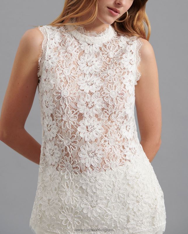 Anne Fontaine vrouwen Volina blouse, geborduurde kanten blouse met bloemen en wimperversiering kleding wit 06TRT175