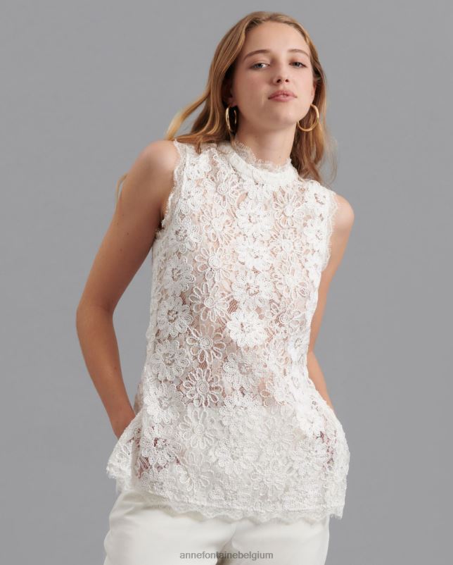 Anne Fontaine vrouwen Volina blouse, geborduurde kanten blouse met bloemen en wimperversiering kleding wit 06TRT175