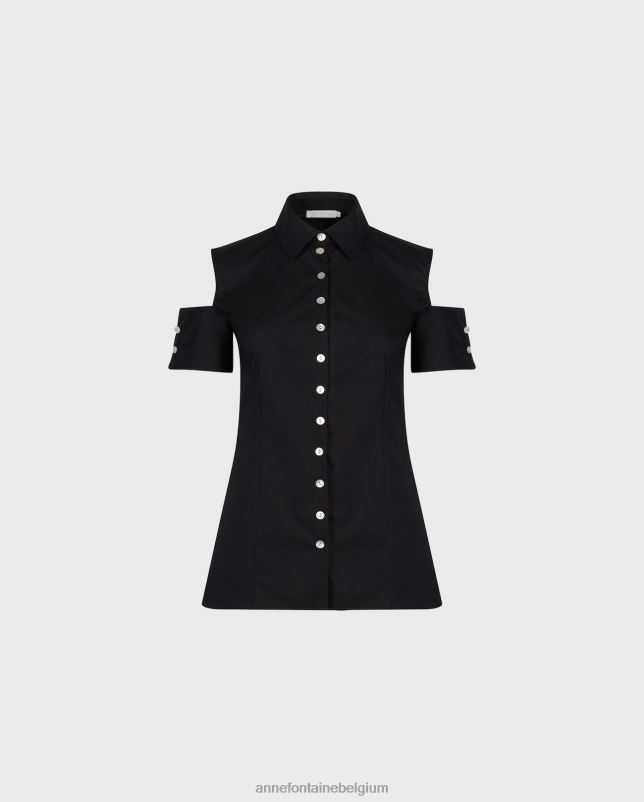 Anne Fontaine vrouwen abstract overhemd poplin overhemd met koude schouders en parelknopen kleding zwart 06TRT131