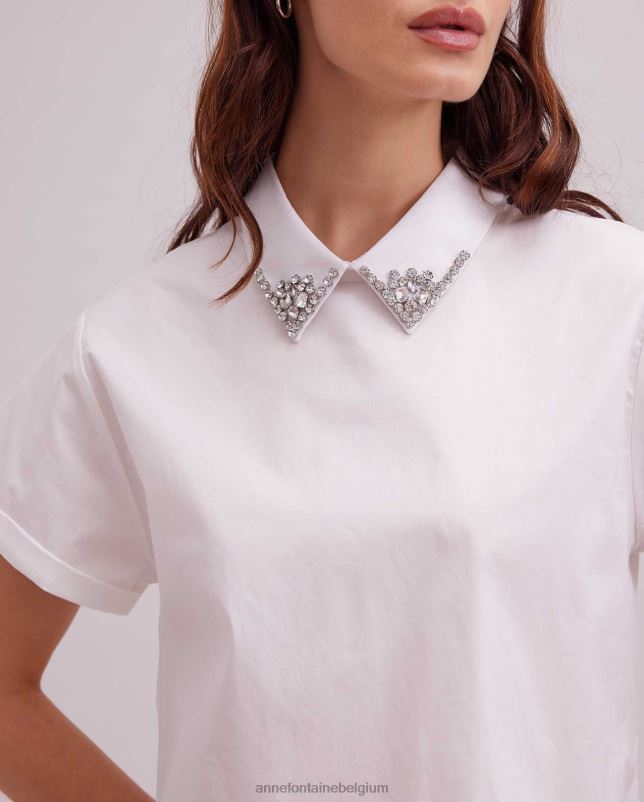 Anne Fontaine vrouwen bastide blouse t-shirt met korte mouwen en puntkraag met juwelen kleding wit 06TRT125