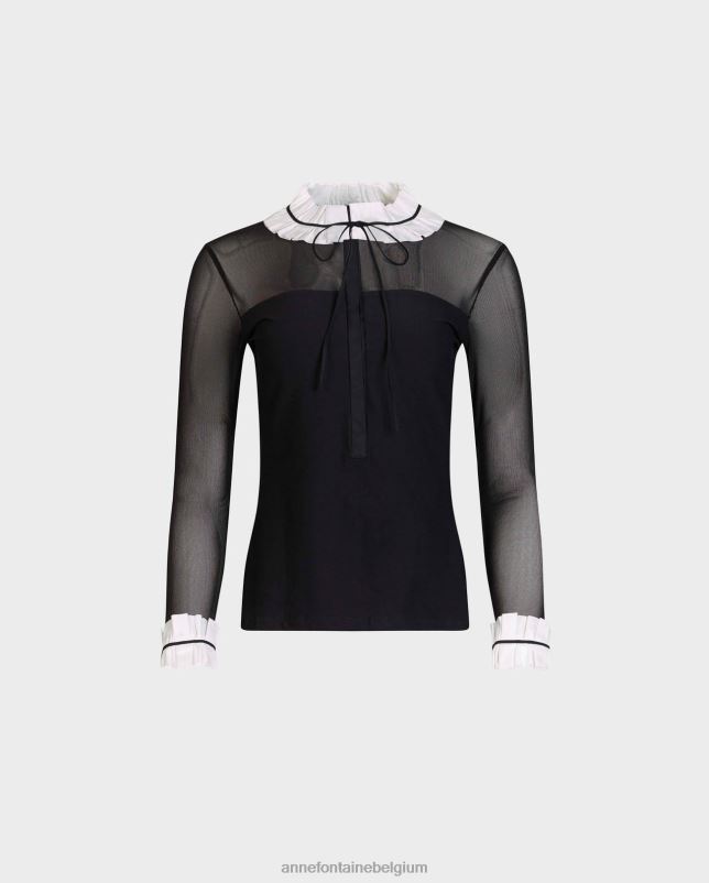 Anne Fontaine vrouwen beinecke overhemd transparant pullover overhemd met popeline kraag en manchetten met ruches kleding zwart wit 06TRT224