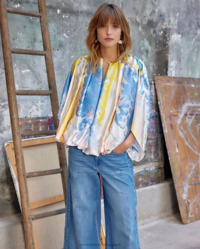 Anne Fontaine vrouwen blouse met aquarelprint, geplooide zijden blouse met aquarelprint kleding blauw 06TRT157