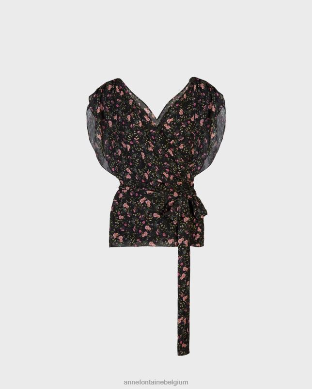 Anne Fontaine vrouwen enea blouse wikkeltop met bloemenprint en fladdermouwen kleding zwart 06TRT142