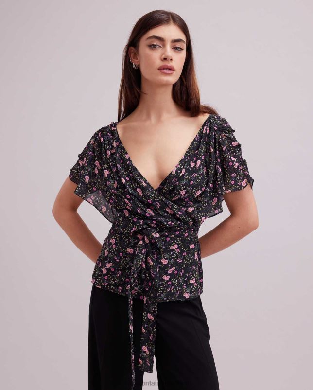 Anne Fontaine vrouwen enea blouse wikkeltop met bloemenprint en fladdermouwen kleding zwart 06TRT142