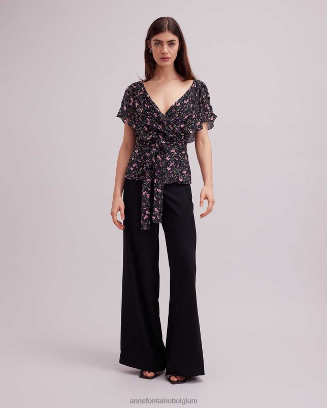 Anne Fontaine vrouwen enea blouse wikkeltop met bloemenprint en fladdermouwen kleding zwart 06TRT142