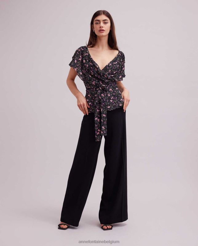 Anne Fontaine vrouwen enea blouse wikkeltop met bloemenprint en fladdermouwen kleding zwart 06TRT142