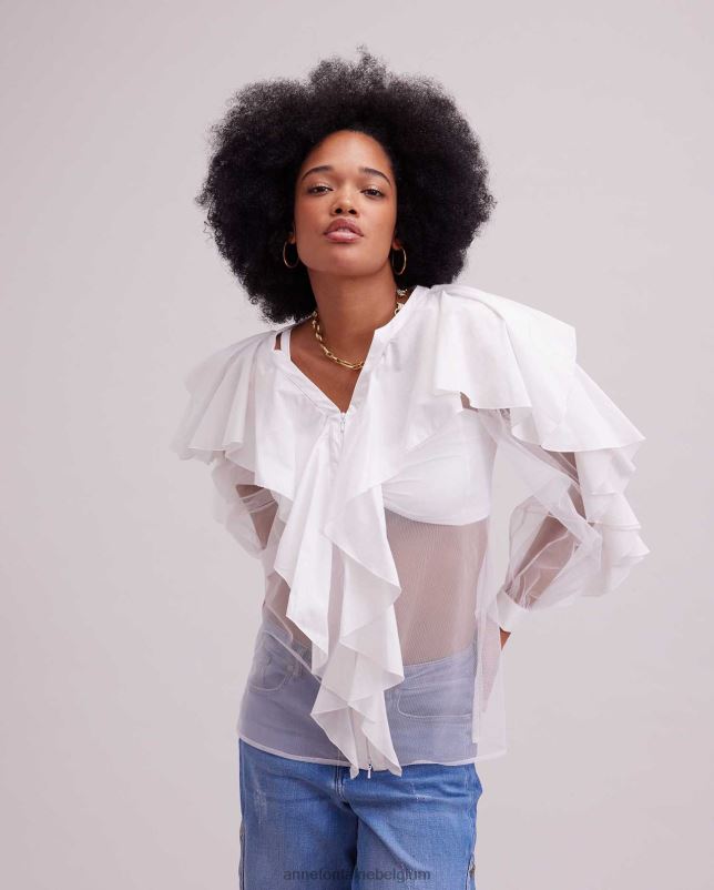 Anne Fontaine vrouwen galerie overhemd transparant netoverhemd met uitlopende ruches kleding wit 06TRT239