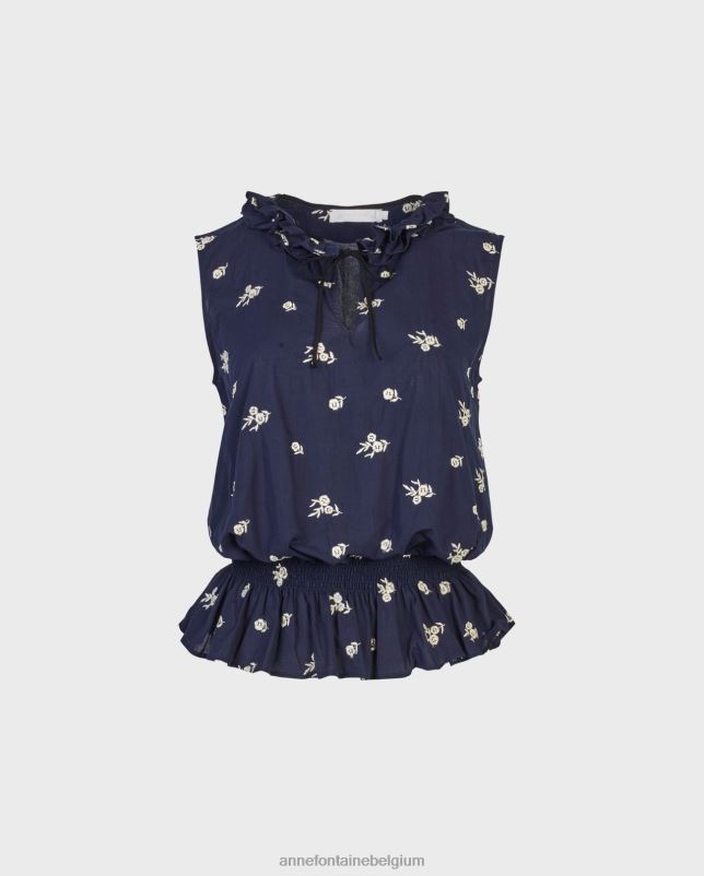Anne Fontaine vrouwen galloise blouse, mouwloze top met ruches, opstaande hals en allover bloemenborduurwerk kleding marine/wit 06TRT244