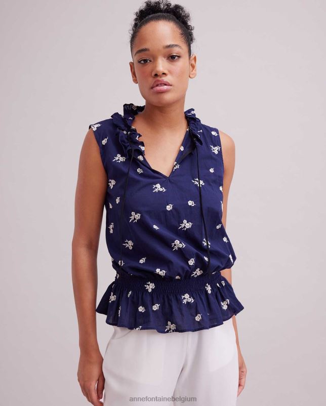 Anne Fontaine vrouwen galloise blouse, mouwloze top met ruches, opstaande hals en allover bloemenborduurwerk kleding marine/wit 06TRT244