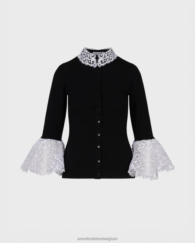 Anne Fontaine vrouwen lana shirt katoenen shirt met geborduurde kanten details kleding zwart wit 06TRT206